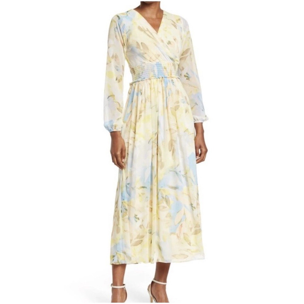 LAUNDRY BY SHELLI SEGAL Dress Sz 4 Yellow Floral Long Sleeve Maxi Smocked Waist
